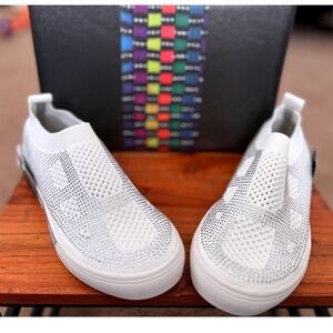 Bernie Mev Glamour White Rhinestone Slip On Sneakers Women Size 37/US 6.5 NWB
